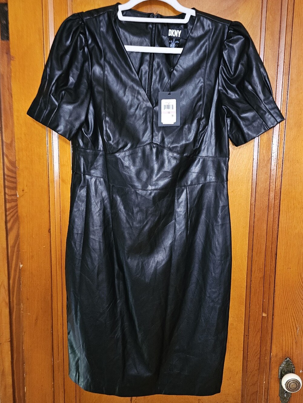 DKNY Black Vegan Leather V-Neck Sheath Dress 12 NWT